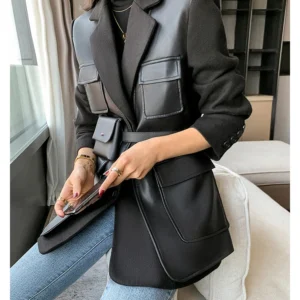 Nerazzurri Autumn Black Wool Blends Patchwork Leather Jacket Women with Many Pockets Long Sleeve Korean Fashion Streetwear 2022