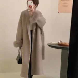 2024 Autumn Winter New Fox Fur Cuffs Long Woolen Coat Real Fox Fur Jacket Female Bathrobe Double-sided Cashmere Coat Women