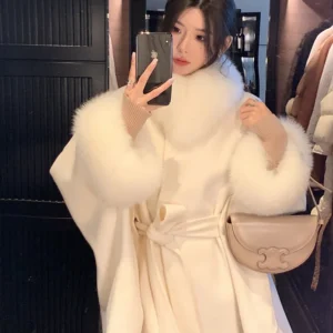 Real Fox Fur Overcoat Bat Sleeves Collar Woolen Coat Luxury Cashmere Poncho Blend Women Autumn Winter New Long Ribbon Cloak