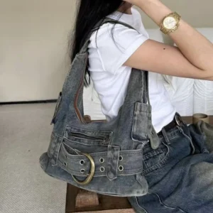 Vintage denim Y2k women shoulder bags Large Capacity punk wide strap rivet lady handbags retro Underarm Bags Female purses