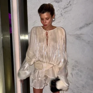 Stunning Shiny Ruffles Lace Up Mini Dress Women's Chic Loose Hollow Out A-line Pleated Vestidos Lady Summer Party Gowns 2025 New