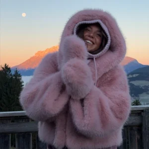 Women Luxury Thick Fluffy Faux Fur Hooded Coat Winter Warm Solid Turn-down Collar Open Jackets 2025 Elegant Loose Street Outwear