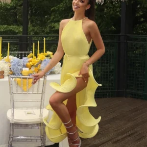 Women Romantic Yellow Halter Maxi Dress Ribbed Knit Ruffled High-slit Slim-fit Vestido 2026 Lady New Spring Trendy Fashion Robes