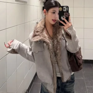 Winter New Solid Color Motorcycle Suit Slim Plus Velvet Short Coat Female Fur Collar Splicing Stand Collar Casual Joker Jacket