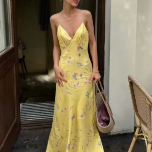 Oymimi Casual Yellow Print Women's Dress Elegant Spaghetti Strap Open Back Dresses Autumn Fashion High Waist Ankle-Length Dress
