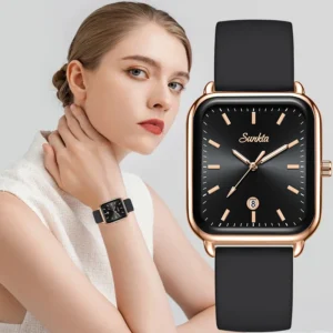 Sunkta Fashion Elegant Woman Watch Square Luxury Retro Silicone Belt Auto Date Casual Waterproof Luminous Quartz Watches for Men
