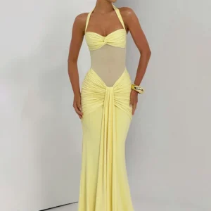 Mozision Halter Backless Sexy Maxi Dress Women Fashion Patchwork Off-shoulder Sleeveless Ruched Draped Bodycon Club Party Dress