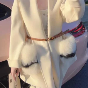 2025 New Women Winter Cashmere Wool Woolen Jacket Real Natural Fox Fur Pocket Coat Ladies Outwear Luxury Jacket