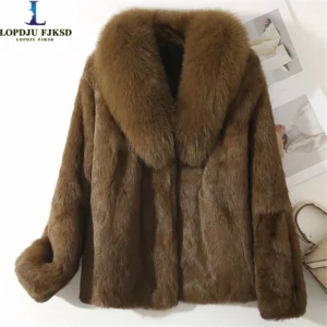 Real Rex Rabbit Fur Coat for Women, Autumn Winter Short Jacket Thick Warm New Fox Fur Collar Elegant Female Warm Outerwear