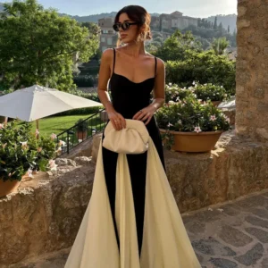 Fashion Contrast Women's V-neck Sling Long Dress For Women Elegant Pleated Backless Sleveless Maxi Dresses Lady Evening Vestidos