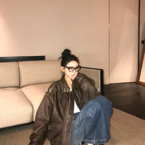 Lautaro Spring Autumn Cool Handsome Retro Oversized Distressed Brown Soft Faux Leather Jackets for Women Zipper Runway Fashion