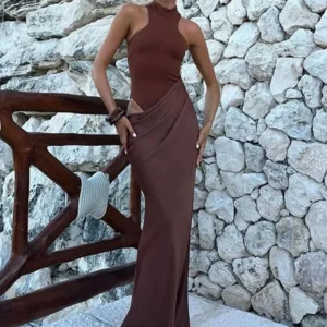 JULISSA MO Satin Sexy Hollow Out Women Maxi Dress Black Sleeveless High Waist Dress Female Autumn Skinny Elegant Party Clubwear