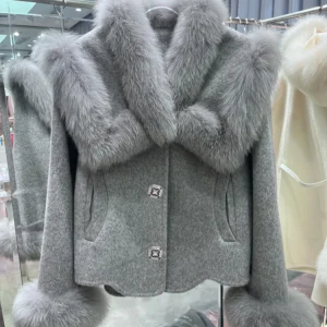 2024 New Autumn Winter Cashmere Wool Woolen Ladies Outerwear Female Coat Real Fur Coat Women Natural Fox Fur Collar Jacket