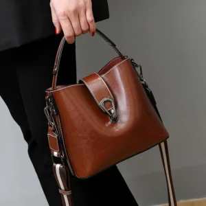 Real Oil Wax Leather Women's Bucket Bag Casual and Simple Handbag Large Capacity Ladies Cowhide Fashionable Crossbody Tote Bag