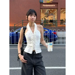 MEXZT Y2K Cropped White Shirts Women Aesthetic Sexy Halter Ruffles Blouses Summer Korean Fashion Off Shoulder Slim Design Tops