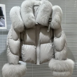 New Natural Fox Fur Collar Puffer Jacket Winter Clothing Women Fashion Loose White Duck Down Caot Loose Real Fur Parker Overcoat