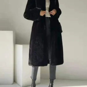 Lautaro Winter Long Black Luxury Elegant Stylish Thick Warm Fluffy Hairy Soft Faux Mink Fur Coat Women Stand Collar Sashes 2023