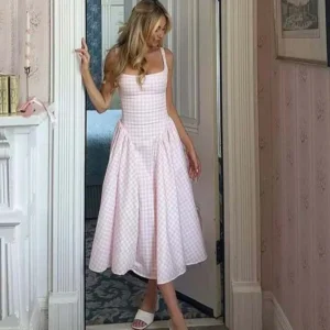 YENKYE Lace Up Bandage Plaid Sling Dress Women Elegant Square Neck Low Waist A-line Midi Summer Dresses Holiday Party Robe 2025