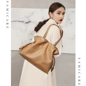 2025 High-End Women's Bucket Bag Lady Unique Drawstring Pleated Shoulder Bag Soft Split Cowhide Leather Cloud Tote Handbag New