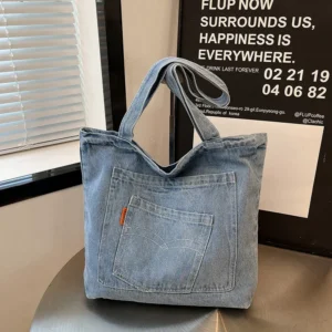 Fashion Women Simple Shoulder Bag Large Capacity Denim Storage Bags with Embroidery Comfortable and Versatile Texture Handle Bag