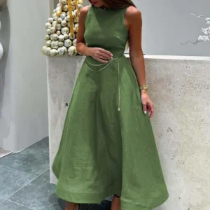 Oymimi Elegant Green Cotton Women's Dress Fashion O-Neck Sleeveless Dresses Casual New High Waist A-Line Mid-Calf Dresses Female