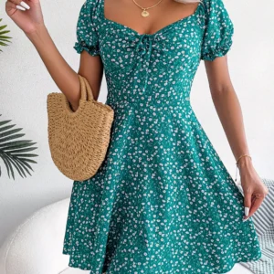 Women Casual Square Neck Flare Short Sleeve Floral Dress Elegant A Line Dress for Spring Summer 2026 Fashion Woman Clothing