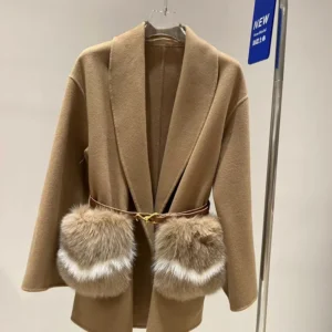 2025 New Women Winter Cashmere Wool Woolen Jacket Real Natural Fox Fur Pocket Coat Ladies Outwear Luxury Jacket