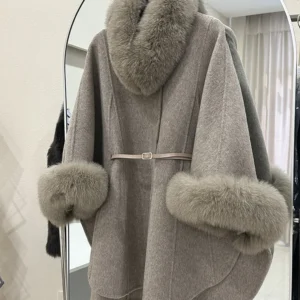 Luxury Double-sided Cashmere Poncho Blend Women Autumn Winter New Long Cloak Real Fox Fur Collar Woolen Coat
