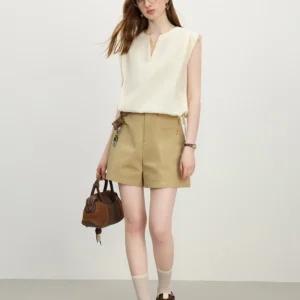 FSLE Straight Shoulder V-Neck Sleeveless Blouse - 2025 Summer New Style with Drawstring Tie Women Shirts 25FS12645