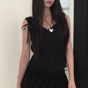 Slimming Effect Hollow out Straight Tube irt Vest with Bow Tie Wooden Summer Korean Sle Commute Wind Women's Top