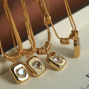 Luxury Gold Plated Stainless Steel Snake Chain Necklace with Zircon Heart Pendant Elegant Y2K Jewelry for Women Waterproof Gift
