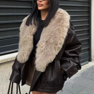 OFTBUY Grow Leather Jacket Women Loose Faux Leather Jacket Removed Faux Fur Collar Causal Coat Outwear Women's Bomber Jacket