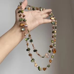 Minar Bohemian Multicolor Irregular Natural Stone Shell Crystal Glass Beads Beaded Necklace for Women Long Strand Sweater Chain